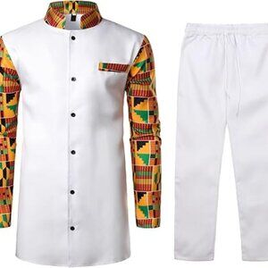 ZEROYAA Men's Kente Print Suit Long Sleeve Button up African Dashiki Set